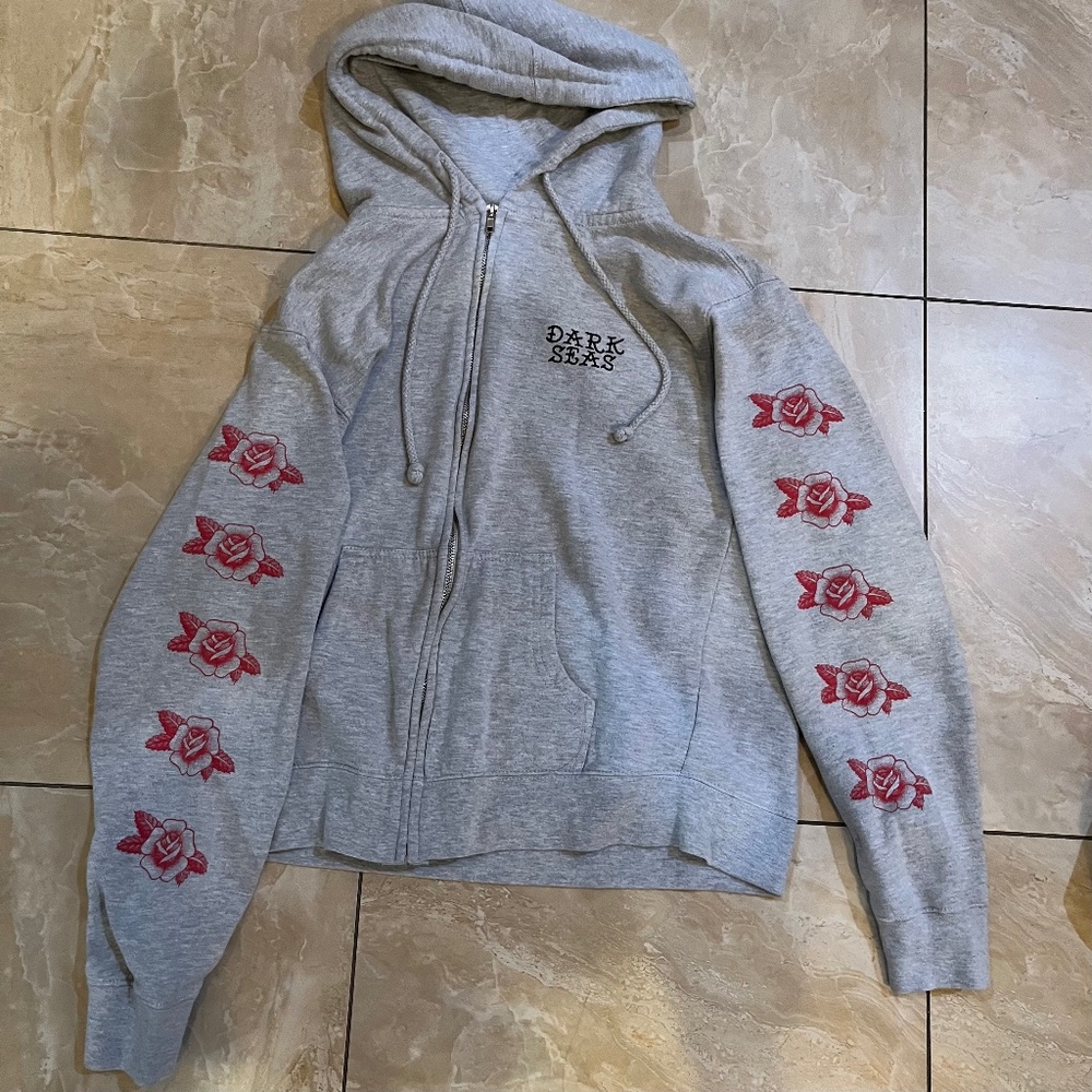 Gray Dark Seas Rose Floral Sleeve Zip Up Jacket Large